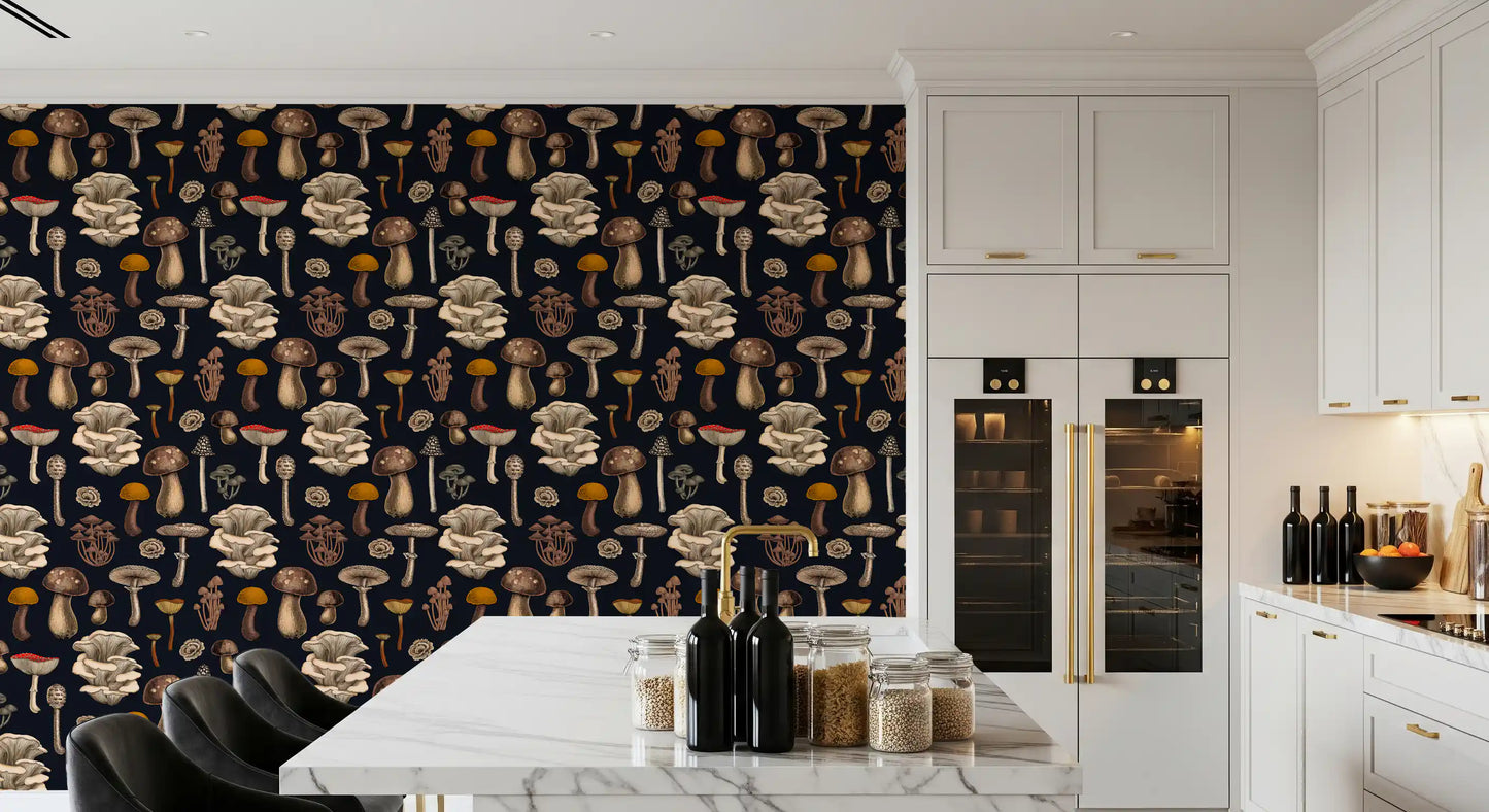 Wild Mushrooms  on graphite black Wallpaper⁠