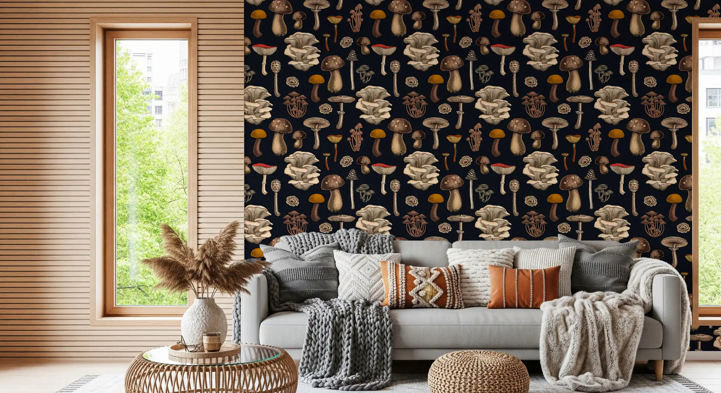 Wild Mushrooms  on graphite black Wallpaper⁠