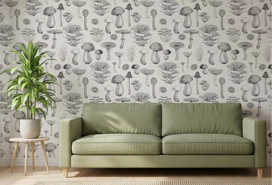 Wild mushroom black and white wallpaper installed as a feature wall in a living room.