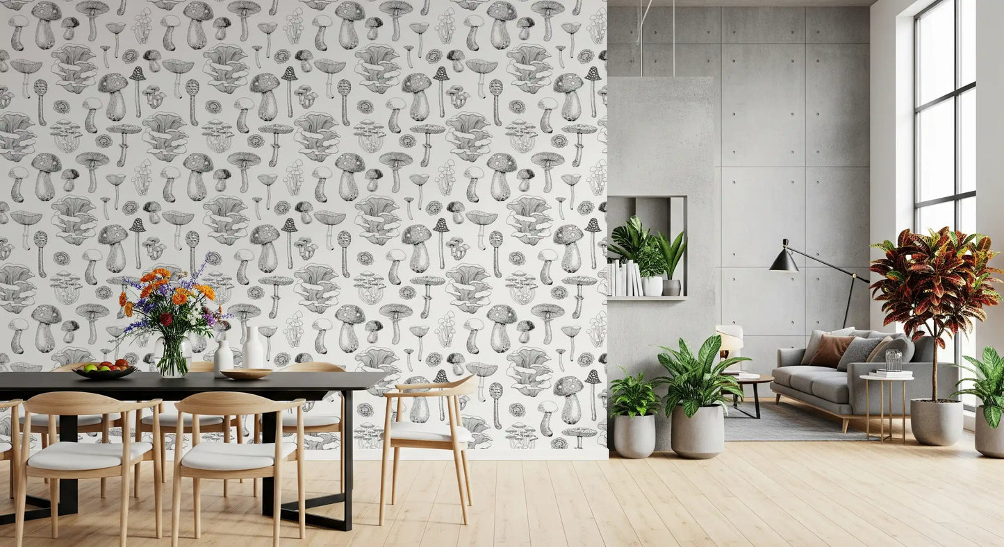 Wild Mushrooms  in black and white Wallpaper⁠