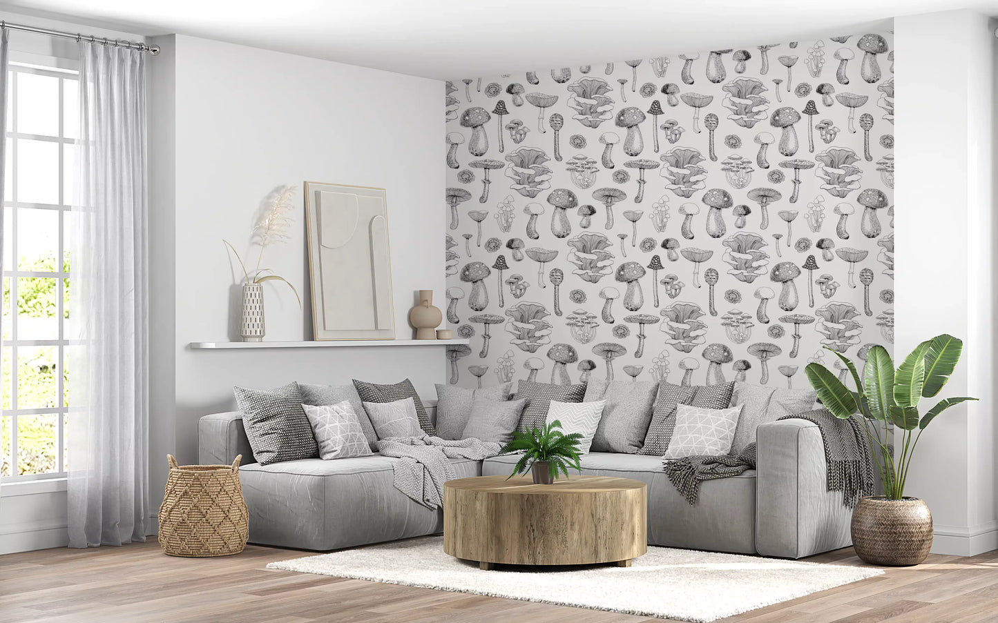 Wild Mushrooms  in black and white Wallpaper⁠