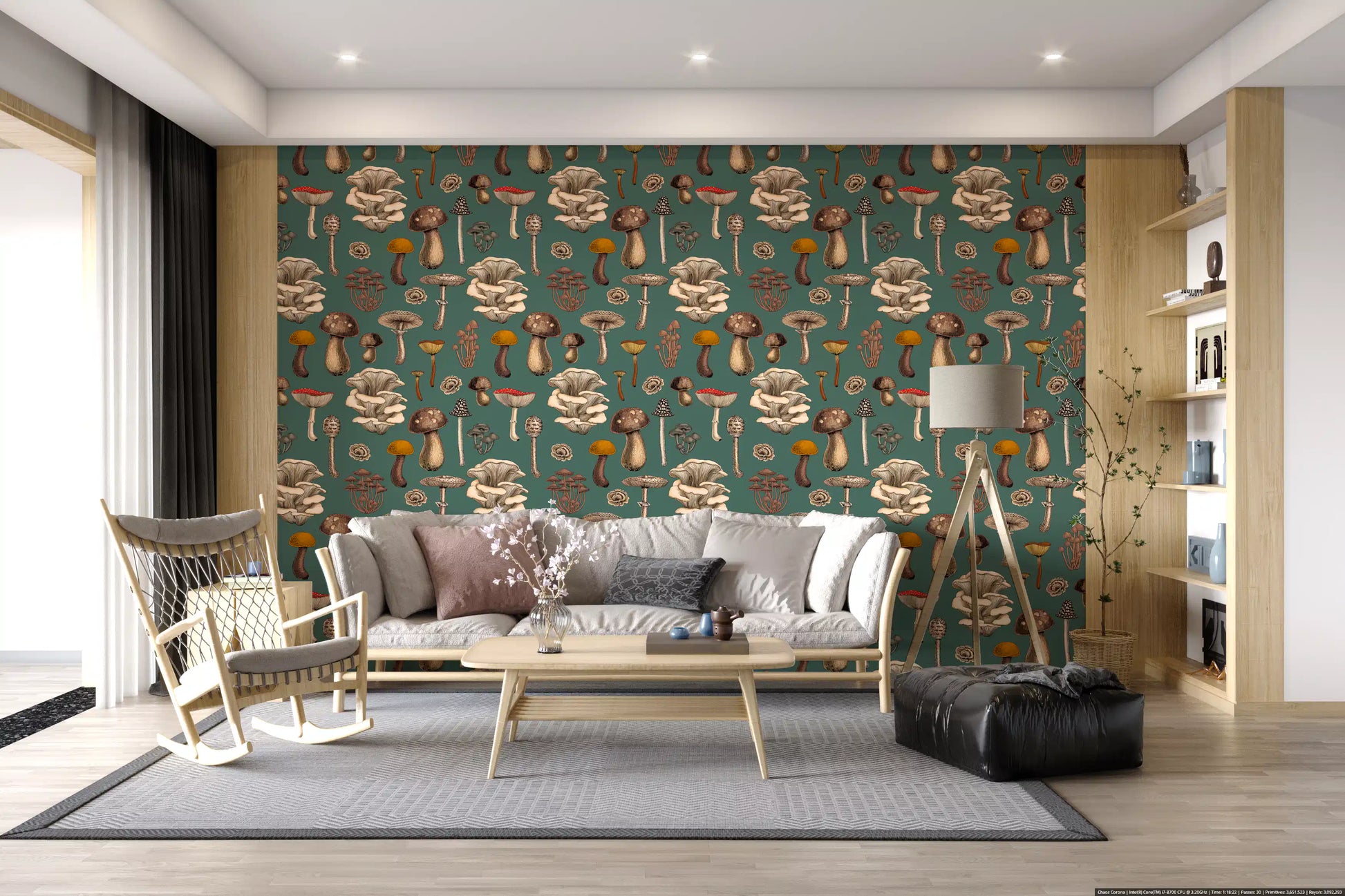 Pine green mushroom wallpaper featuring earthy browns, warm ochres and a single bright red cap., GD10223