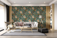 Pine green mushroom wallpaper featuring earthy browns, warm ochres and a single bright red cap., GD10223