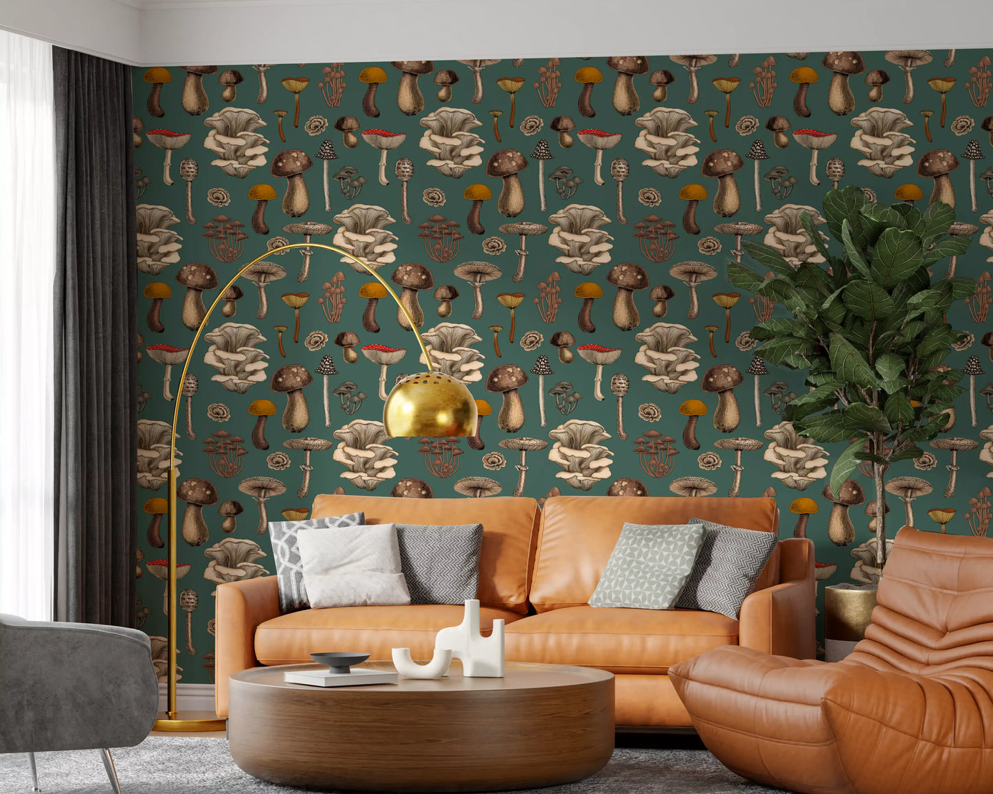 Botanical mushroom wallpaper with cream caps, brown stems and ochre tops on a deep pine green ground., GD10223