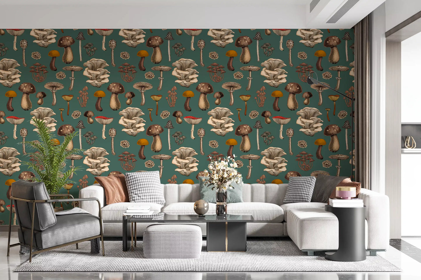 Botanical mushroom wallpaper shown on a living room wall with foraged fungi motifs., GD10223