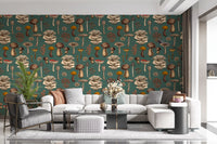 Botanical mushroom wallpaper shown on a living room wall with foraged fungi motifs., GD10223