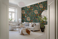 Woodland mushroom wallpaper with botanical cap and gill details on a green backdrop., GD10223