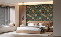 Vintage foraging wallpaper with shaggy parasol, ink cap and fairy ring mushroom motifs in bedroom., GD10223