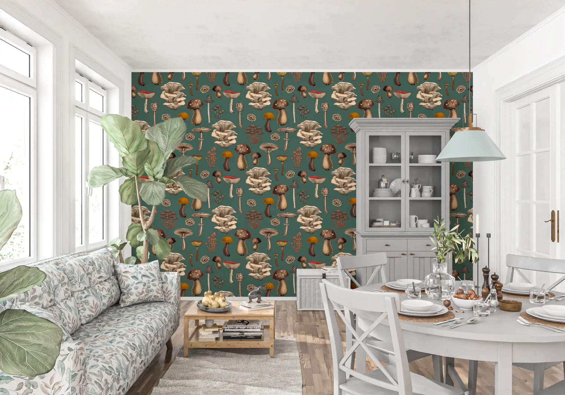 Wild Mushrooms on Pine Green Wallpaper featuring porcini, oyster, fly agaric and parasol fungi., GD10223