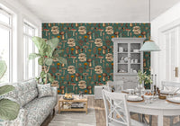 Wild Mushrooms on Pine Green Wallpaper featuring porcini, oyster, fly agaric and parasol fungi., GD10223