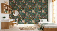 Detailed fungi wallpaper with frilled oyster clusters and slim-stalked parasol mushrooms., GD10223