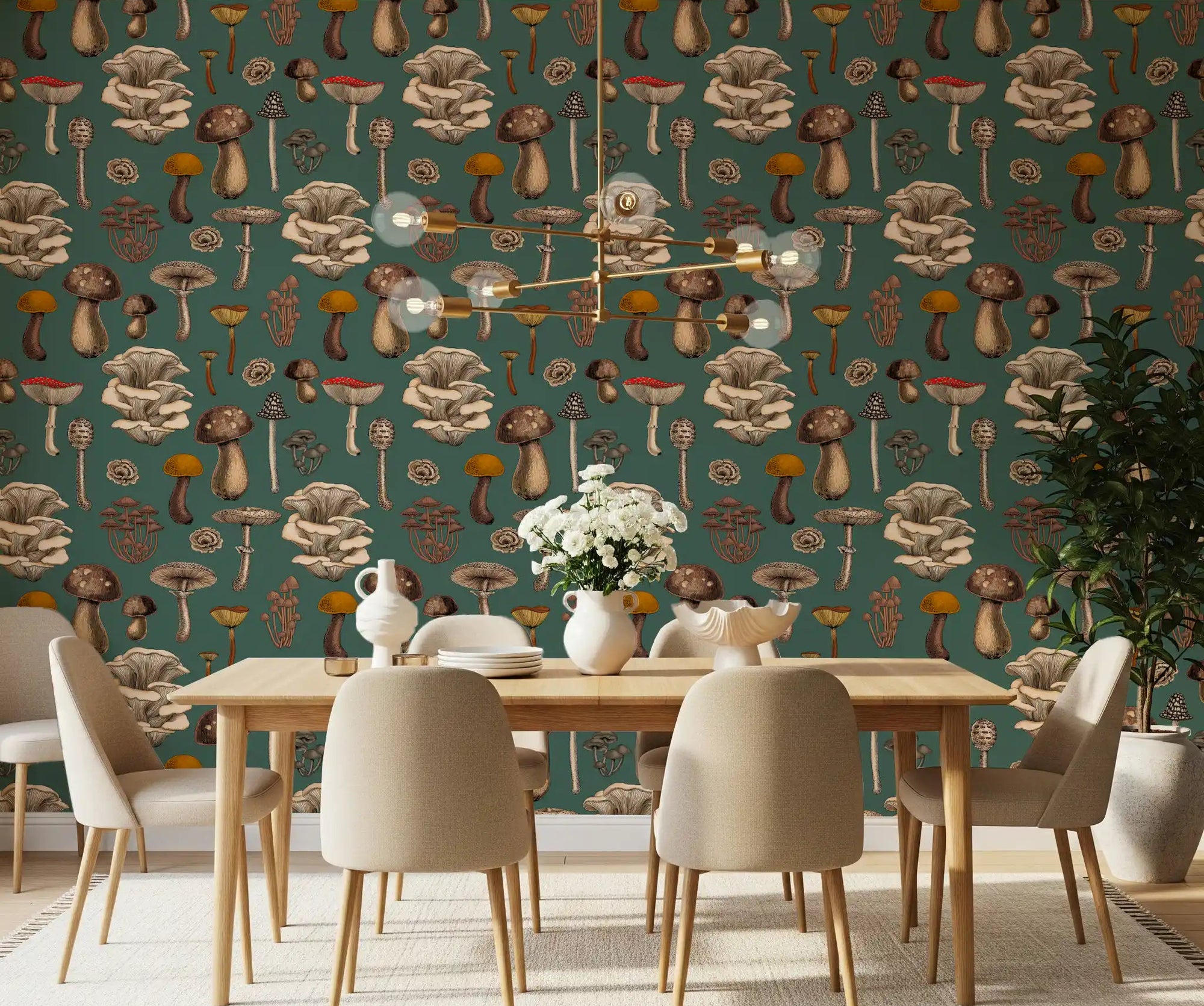 Wild Mushrooms on Pine Green Wallpaper styled on a dining room feature wall., GD10223