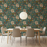 Foraged mushroom wallpaper showing porcini boletes, oyster clusters and a red-capped toadstool., GD10223