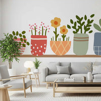 Botanical mural featuring a slate blue grid pot and sage pot with rounded leaves., GD10224