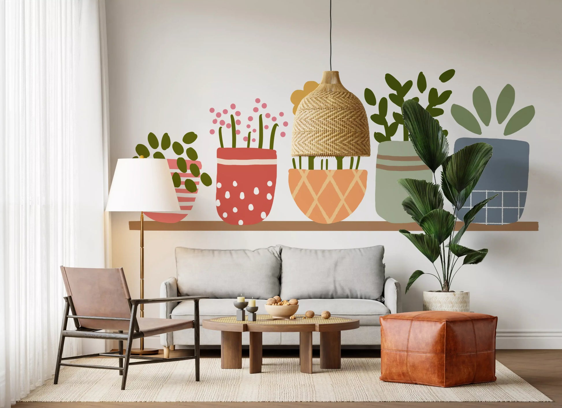 Garden shelves wall mural with five potted plants on a wooden shelf., GD10224