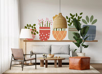 Garden shelves wall mural with five potted plants on a wooden shelf., GD10224
