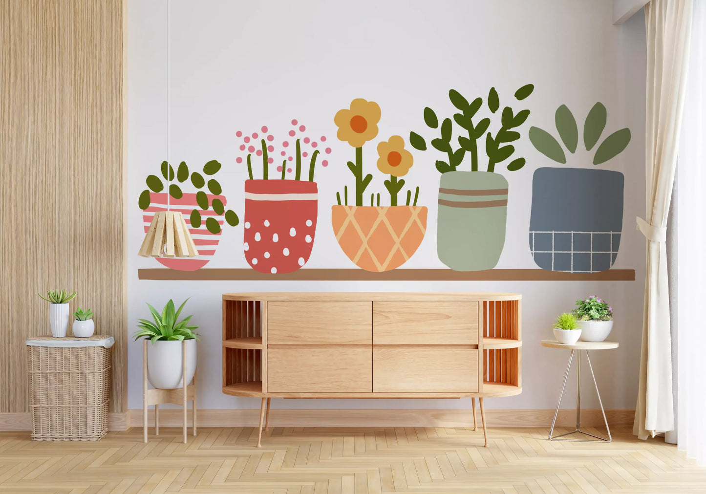 Botanical mural featuring coral, sage and slate blue pots with leaves and daisies., GD10224