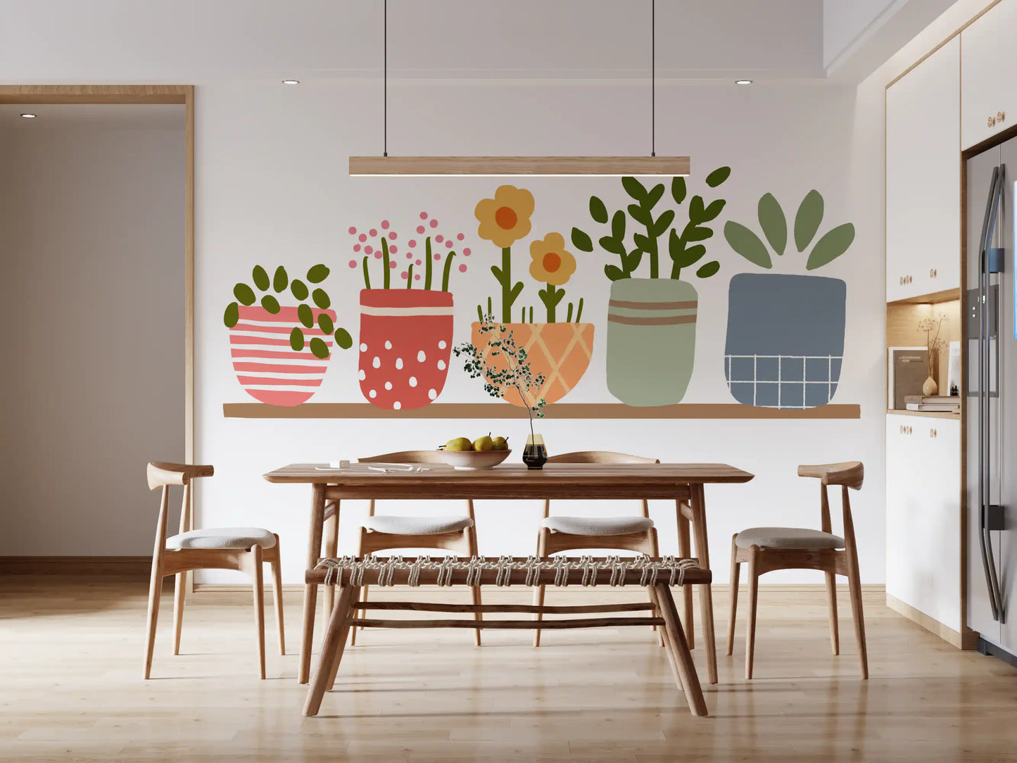 Garden shelves mural styled as a feature wall in a dining space., GD10224