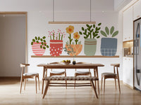 Garden shelves mural styled as a feature wall in a dining space., GD10224