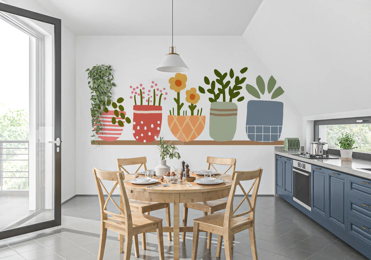 Garden shelf mural with succulent, daisy and trailing foliage motifs., GD10224