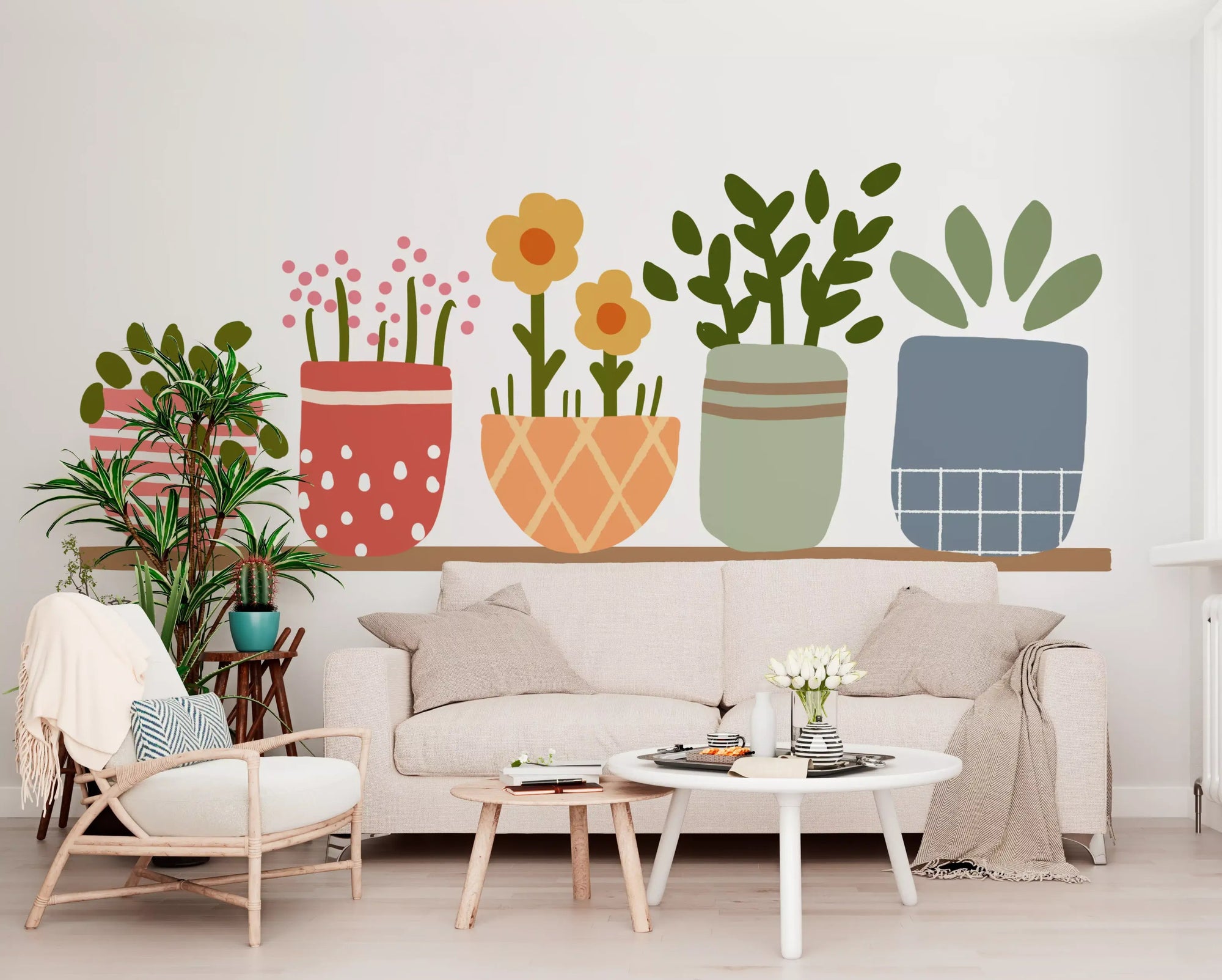 Potted plant wall mural applied in a living room., GD10224