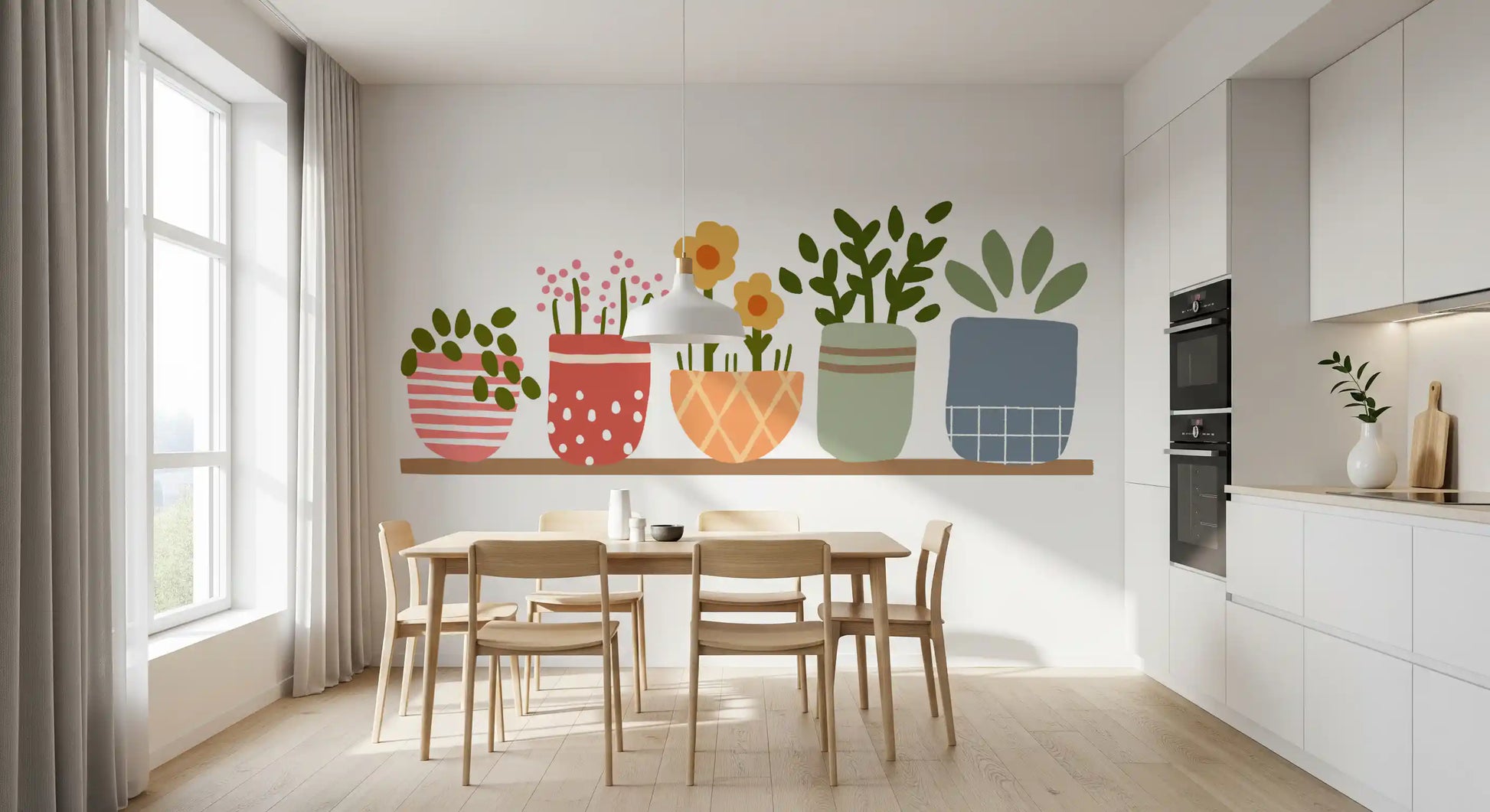 Illustrated plant mural with mustard daisies and pink florals in dining room., GD10224