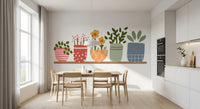 Illustrated plant mural with mustard daisies and pink florals in dining room., GD10224
