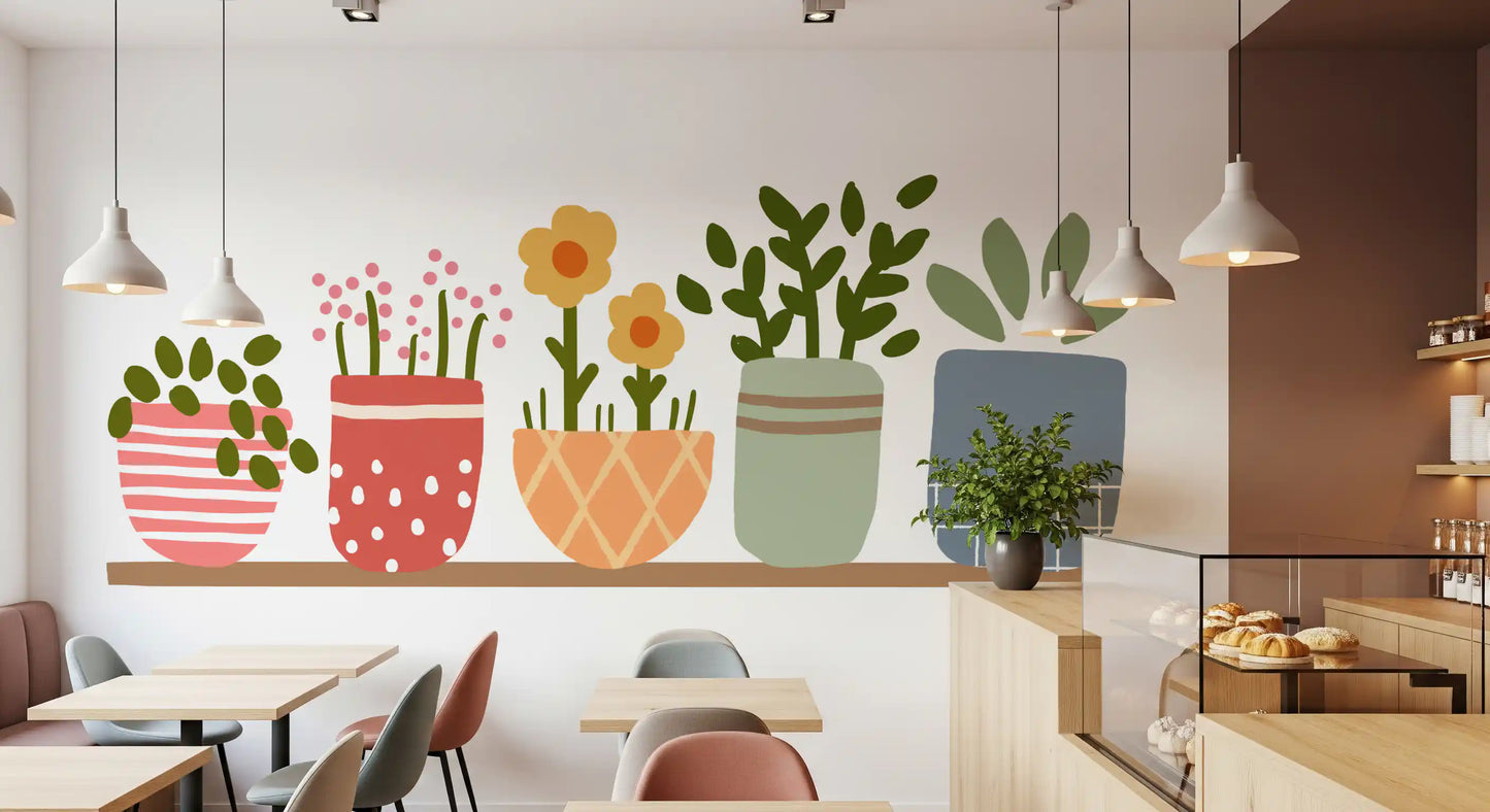White wall mural with coral pot, peach lattice pot and sage pot holding plants., GD10224