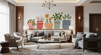 Potted plant mural showing striped, polka dot, lattice and grid pots in living area., GD10224