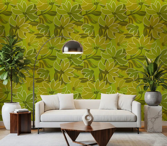 Groovy bloom wallpaper styled on a living room feature wall.