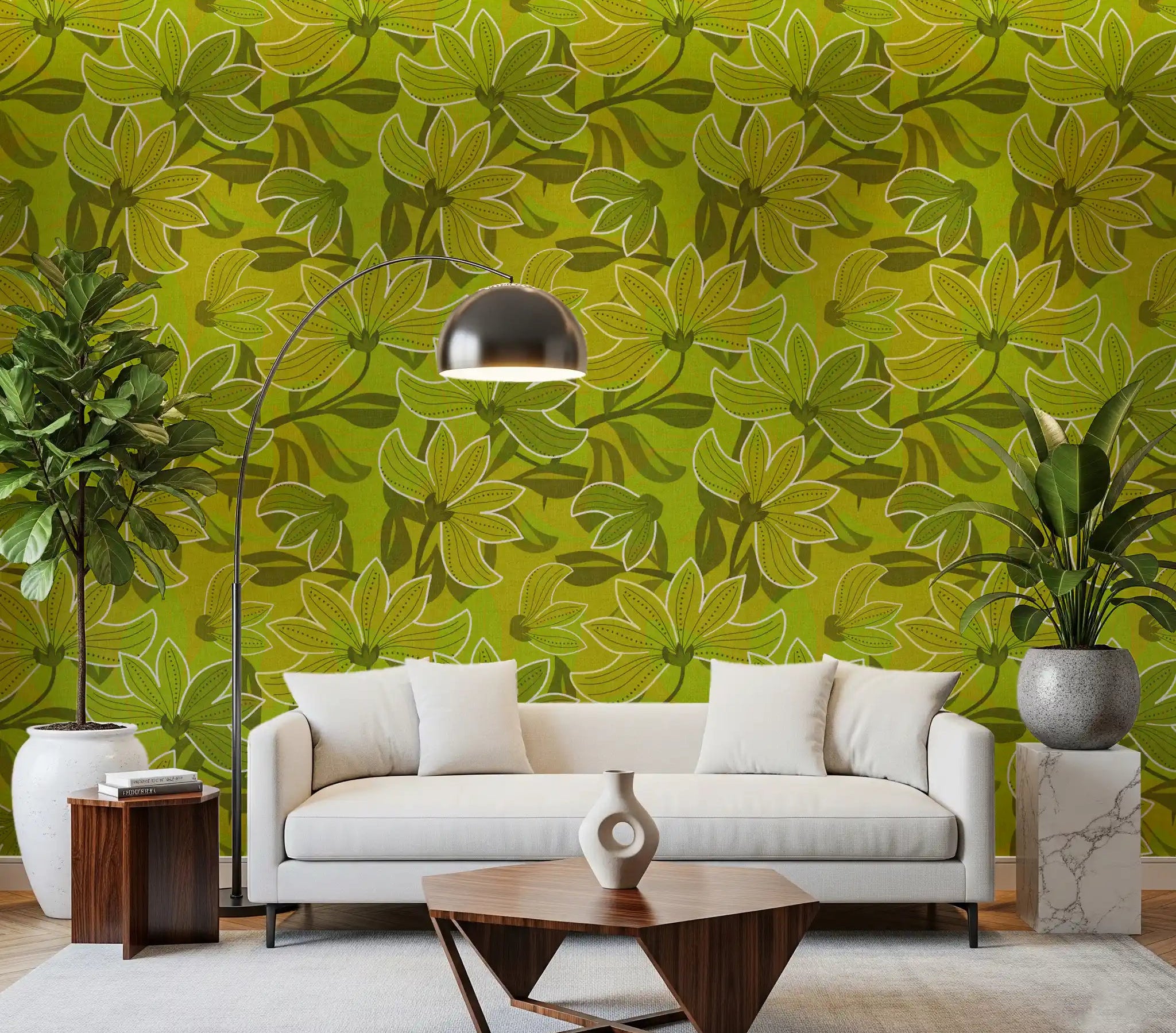 Groovy bloom wallpaper styled on a living room feature wall.