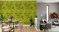 Green wallpaper with cream and yellow-green flowers outlined in dining area., GD10225