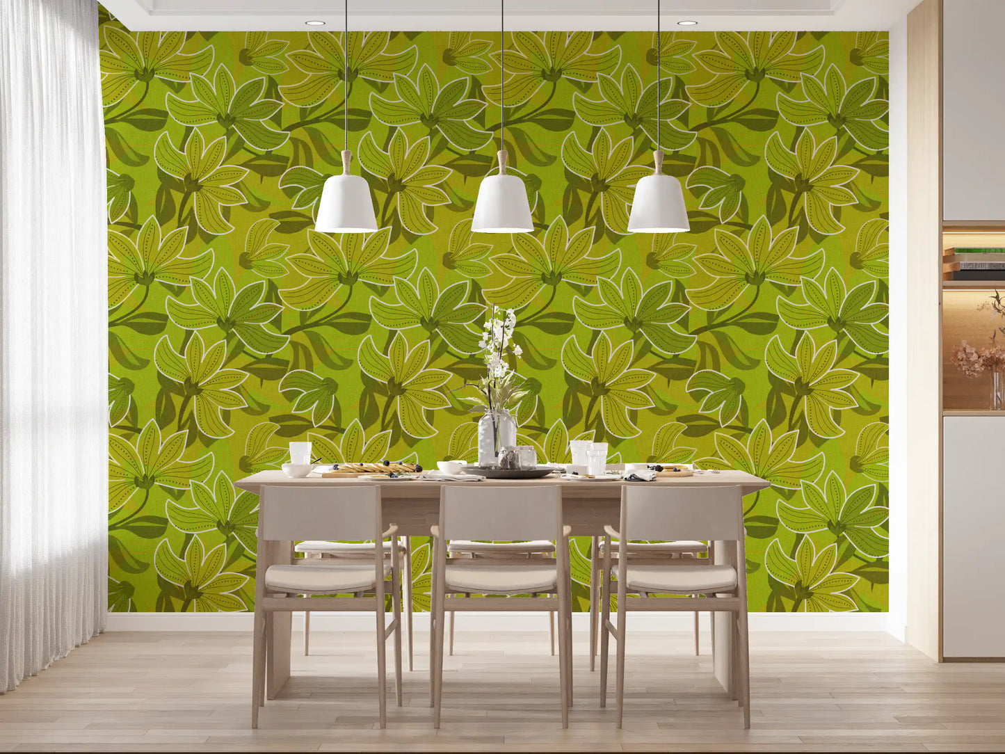 Bold green floral wallpaper with white-edged petals and dark centres., GD10225