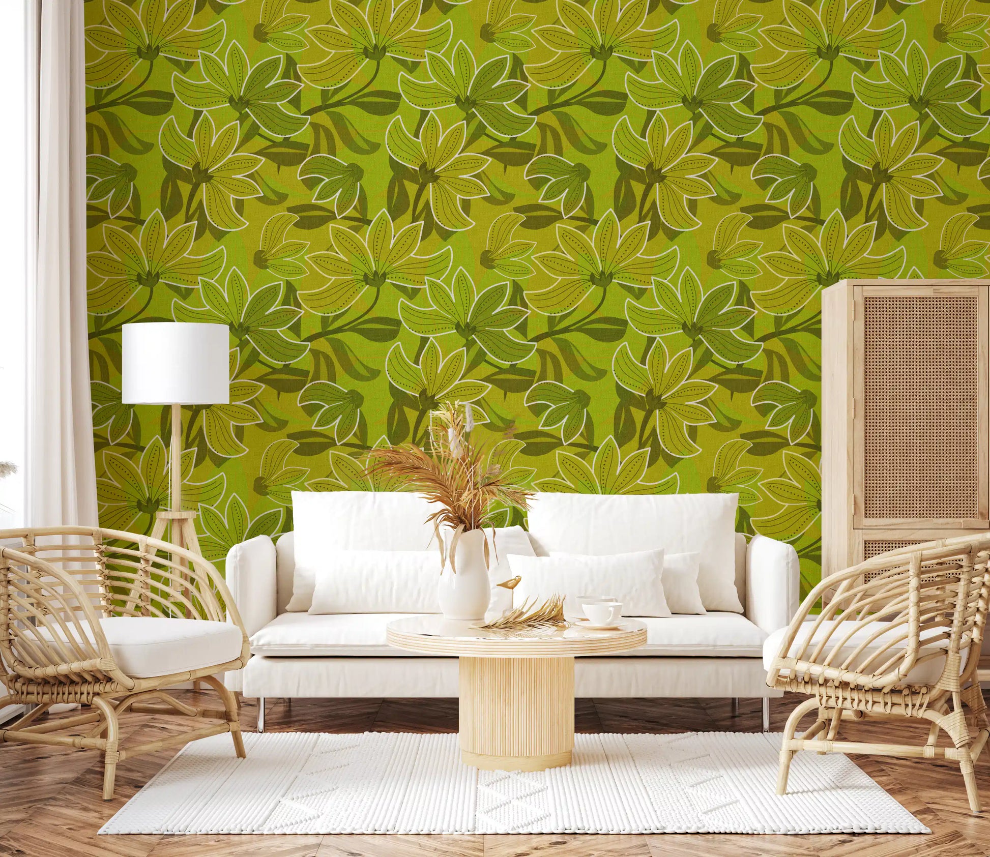 Chartreuse floral wallpaper with layered olive foliage behind the blooms., GD10225