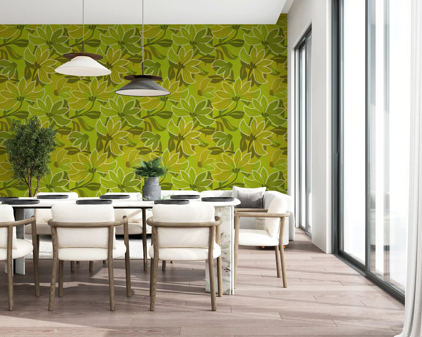 Retro floral wallpaper featuring dotted petals and olive leaves., GD10225