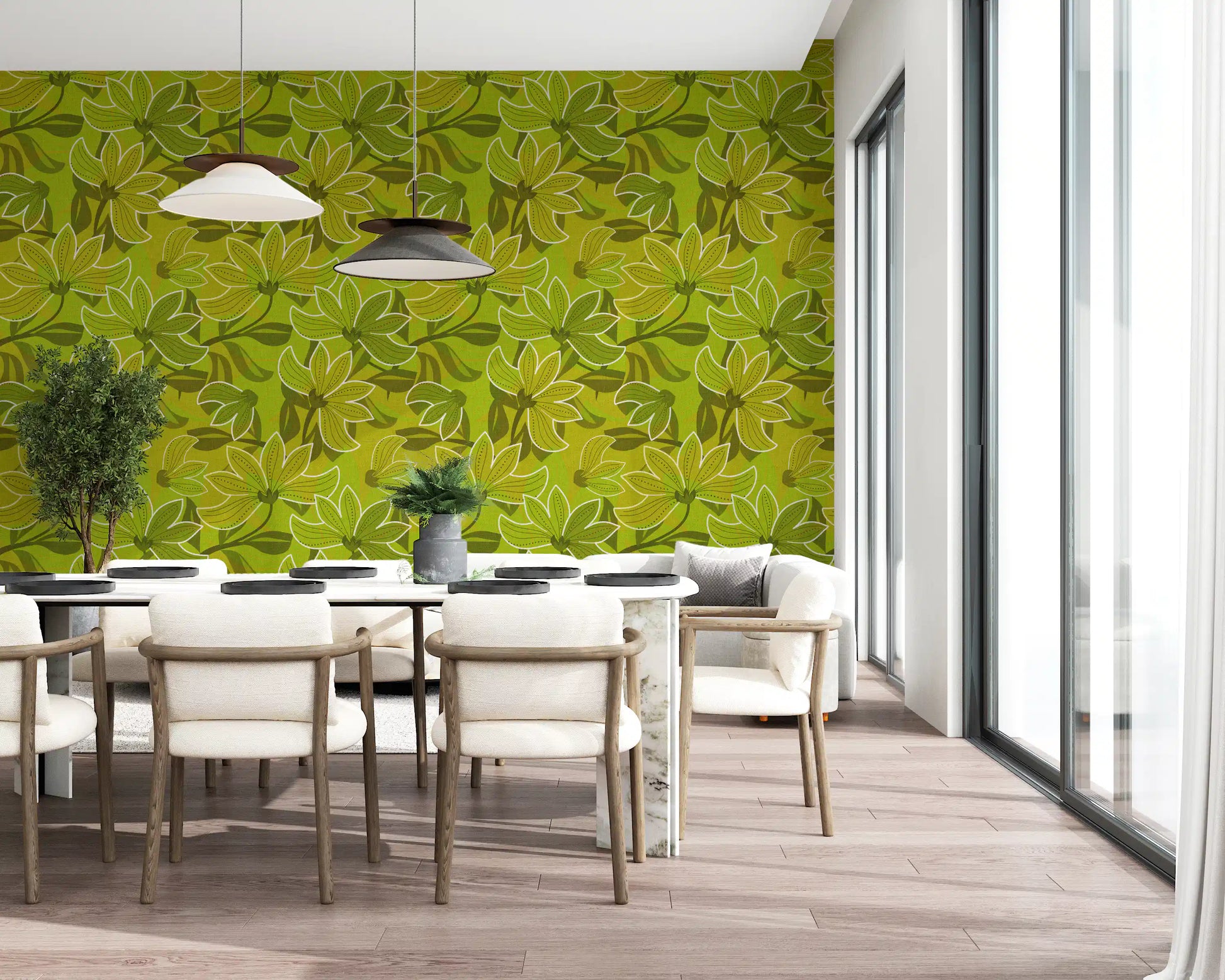 Retro floral wallpaper featuring dotted petals and olive leaves., GD10225