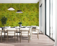 Retro floral wallpaper featuring dotted petals and olive leaves., GD10225