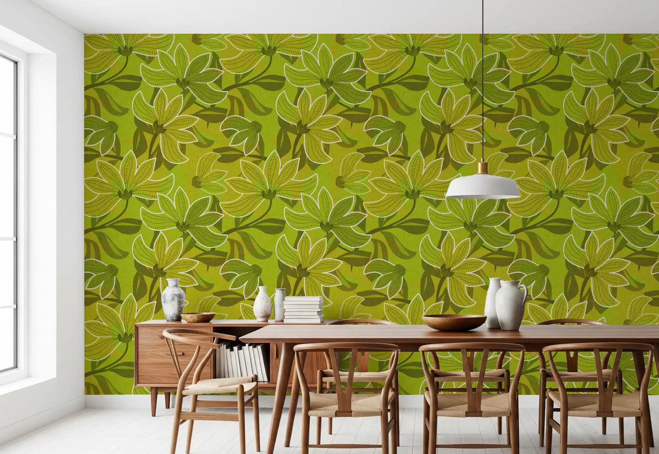Retro green floral wallpaper used as a dining room accent wall.