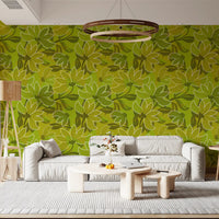 Lime green wallpaper with stylised 70s flowers and brown-green leaves., GD10225