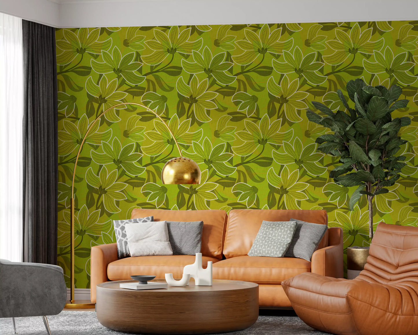Groovy green bloom wallpaper with five-petal flowers on a chartreuse ground., GD10225
