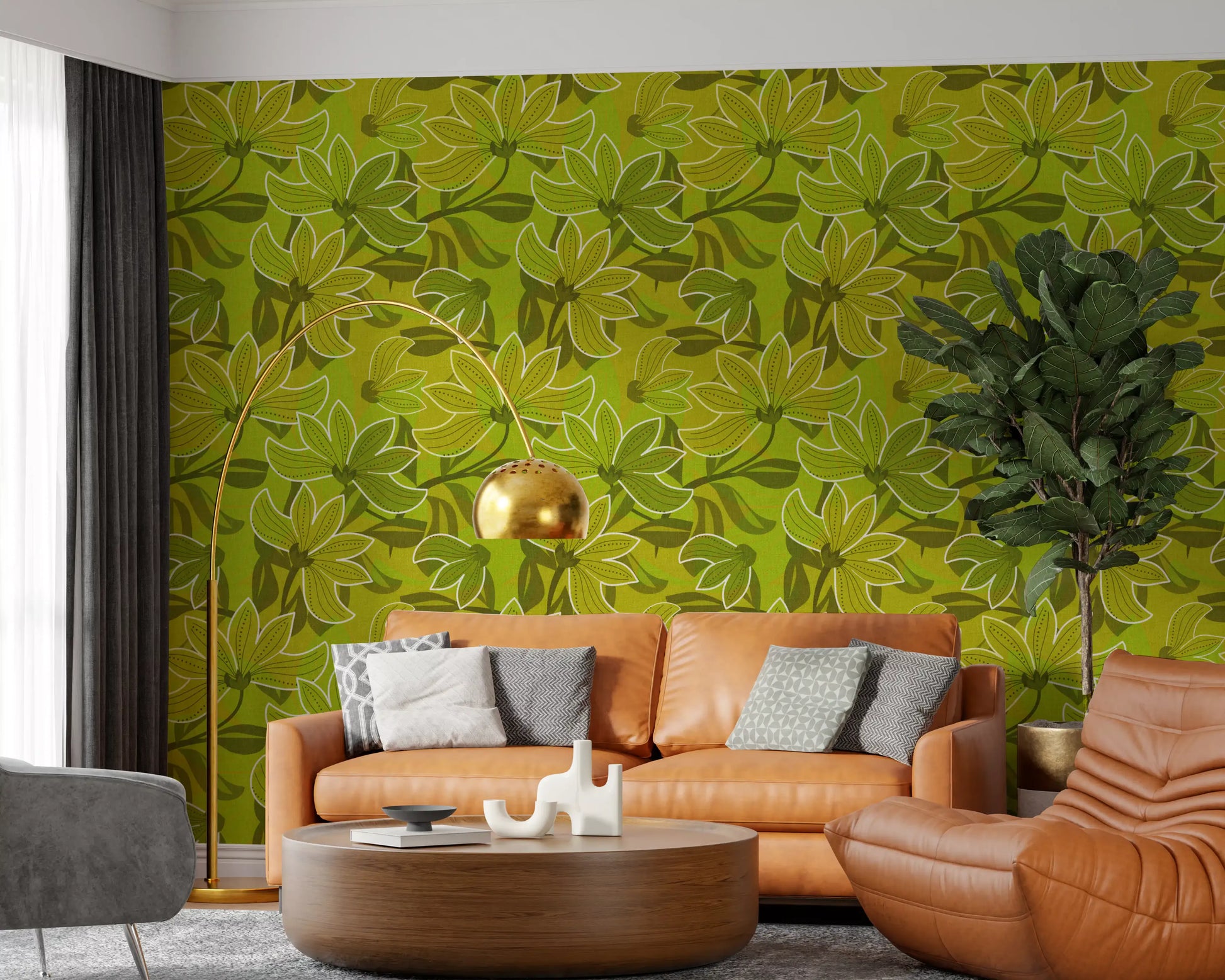 Groovy green bloom wallpaper with five-petal flowers on a chartreuse ground., GD10225