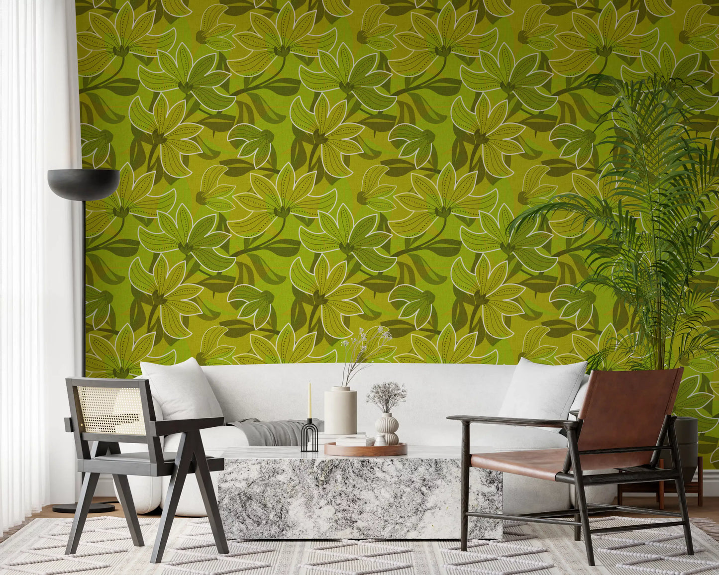 Floral wallpaper with dotted veins running down each petal in hallway., GD10225