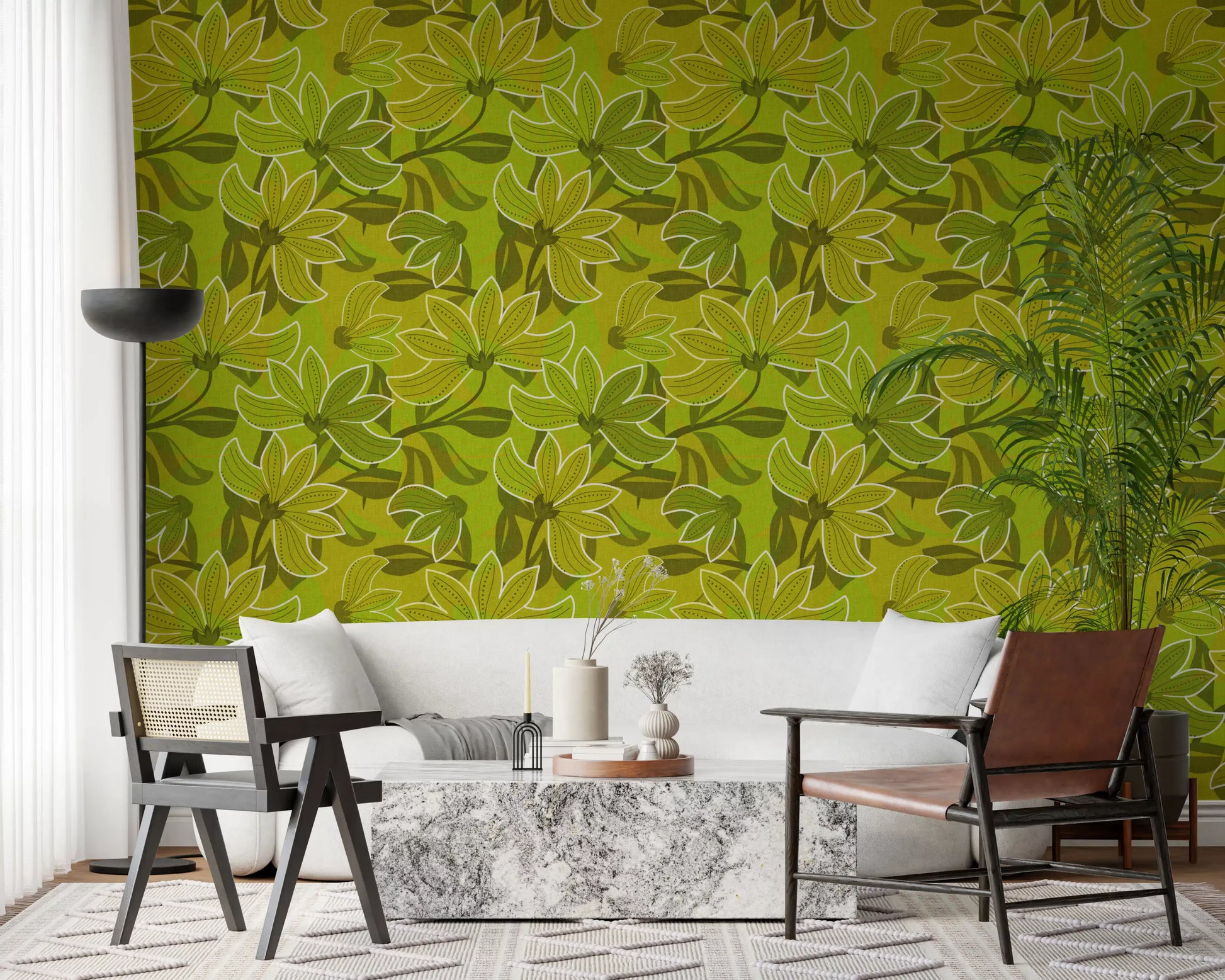 Floral wallpaper with dotted veins running down each petal in hallway., GD10225