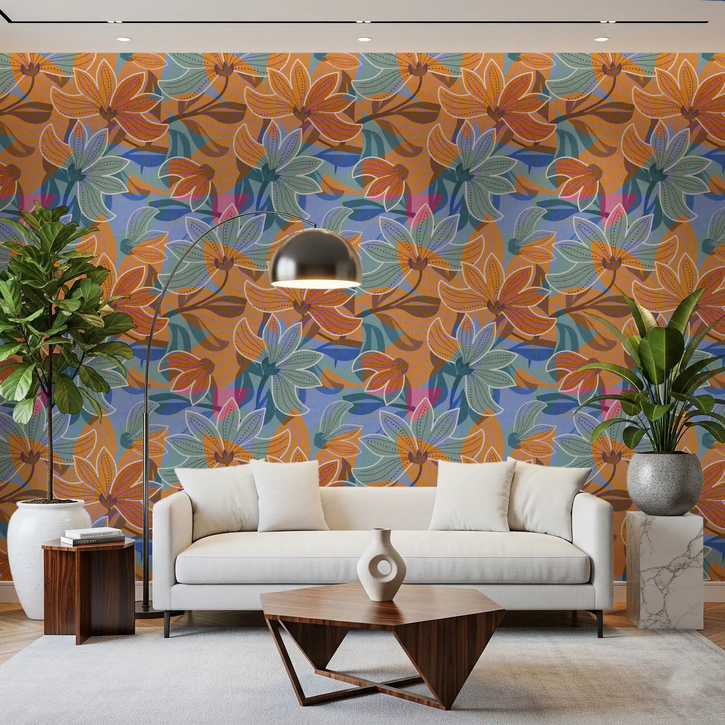 Floral wallpaper with overlapping flowers, white outlines and muted green foliage., GD10226
