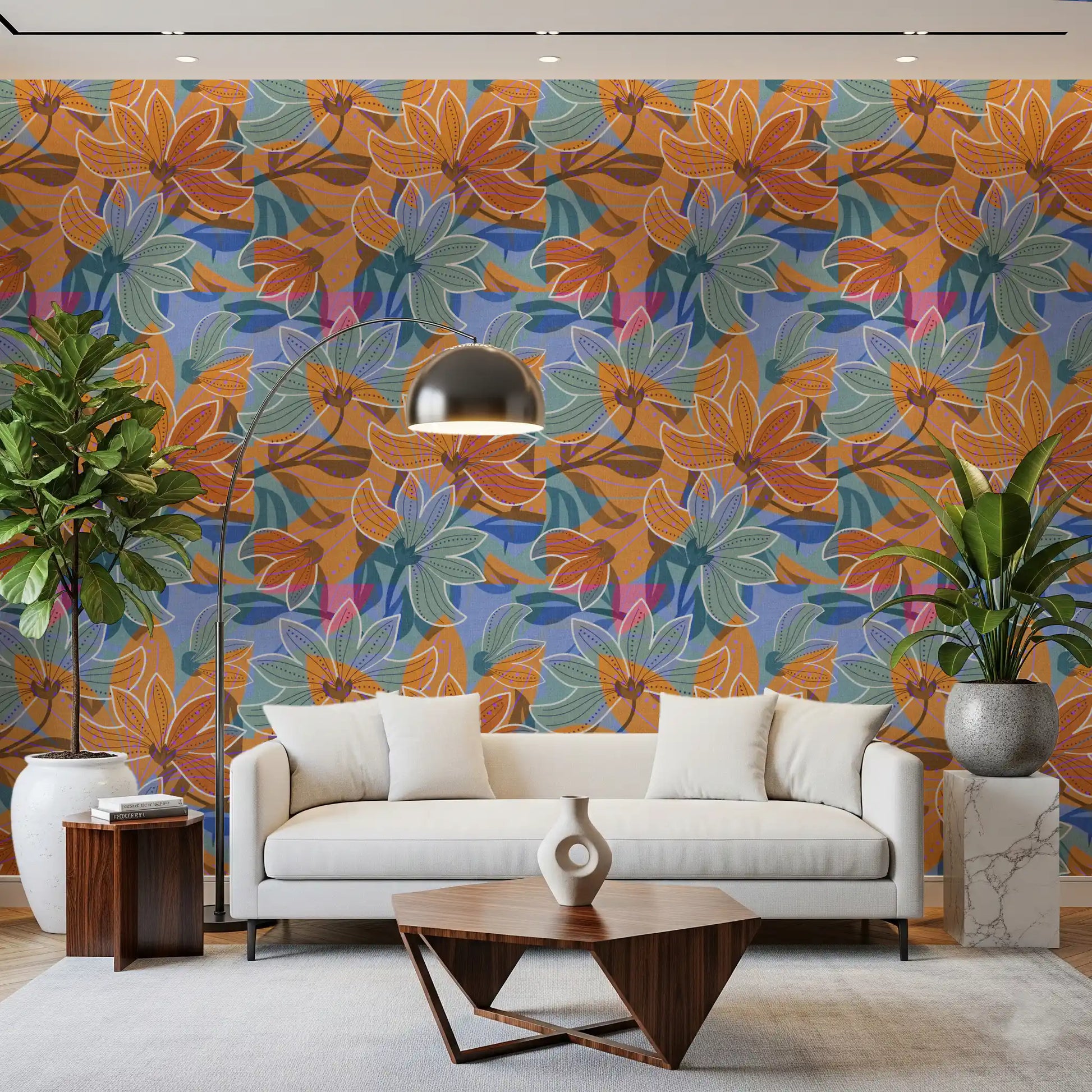 Floral wallpaper with overlapping flowers, white outlines and muted green foliage., GD10226
