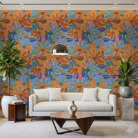 Floral wallpaper with overlapping flowers, white outlines and muted green foliage., GD10226