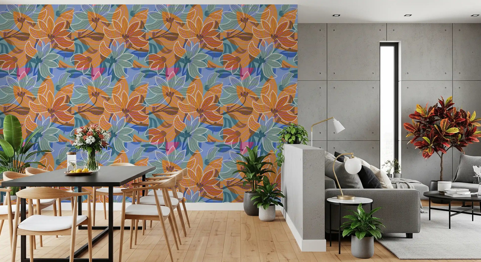 Magnolia bloom wallpaper with lavender dotted veining and stylised leaves in dining area., GD10226