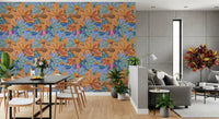 Magnolia bloom wallpaper with lavender dotted veining and stylised leaves in dining area., GD10226