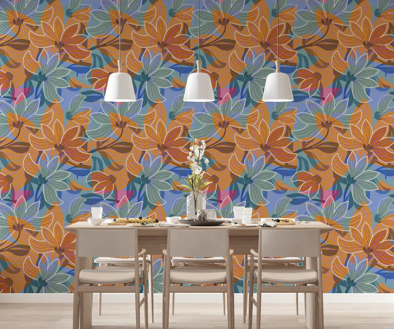 Dining room accent wall styled in modern floral magnolia wallpaper.