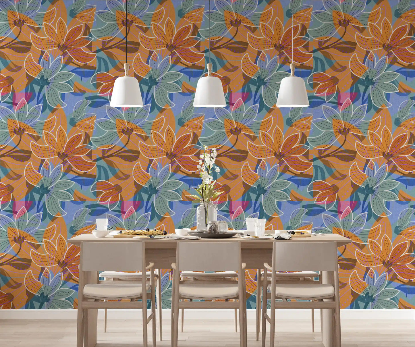 Dining room accent wall styled in modern floral magnolia wallpaper., GD10226
